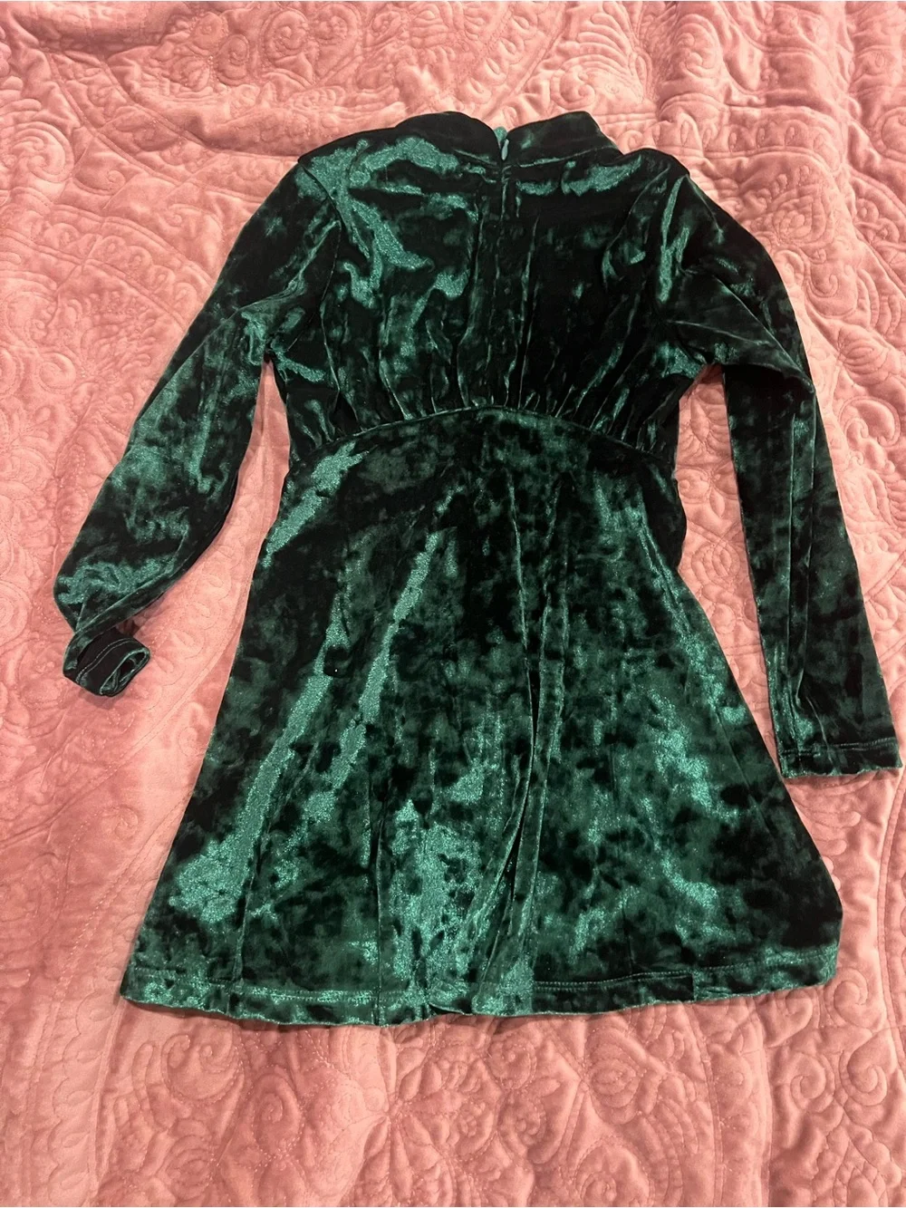 rebels Dark Green Velvet Long-Sleeve Girls Dress